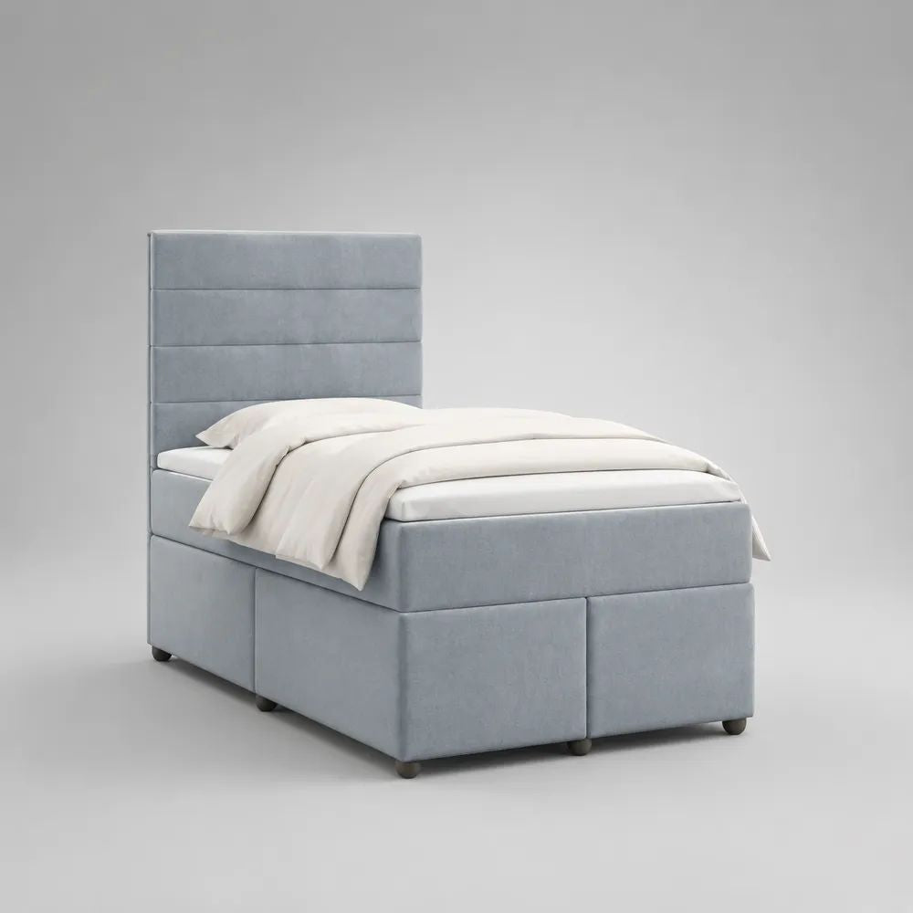 Letto singolo imbottito con materasso 90 x 200 cm, rivestimento in velluto azzurro chiaro, 100 x 210 x 140 cm