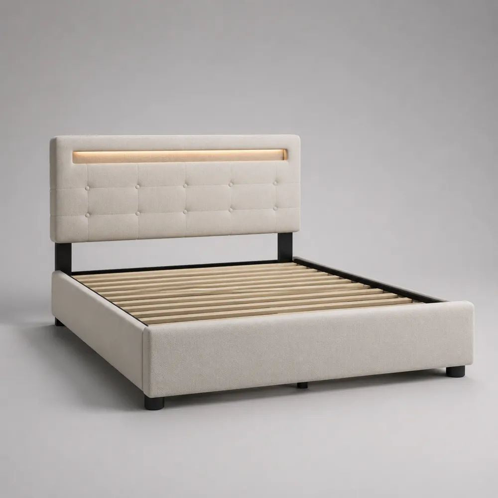 Letto matrimoniale imbottito beige 160 x 200 cm con rete a doghe, testiera trapuntata e luce LED