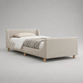 Letto singolo imbottito beige e naturale con testiera, pediera e rete a doghe, per materasso 90 × 200 cm, 215 × 105 × 95 cm
