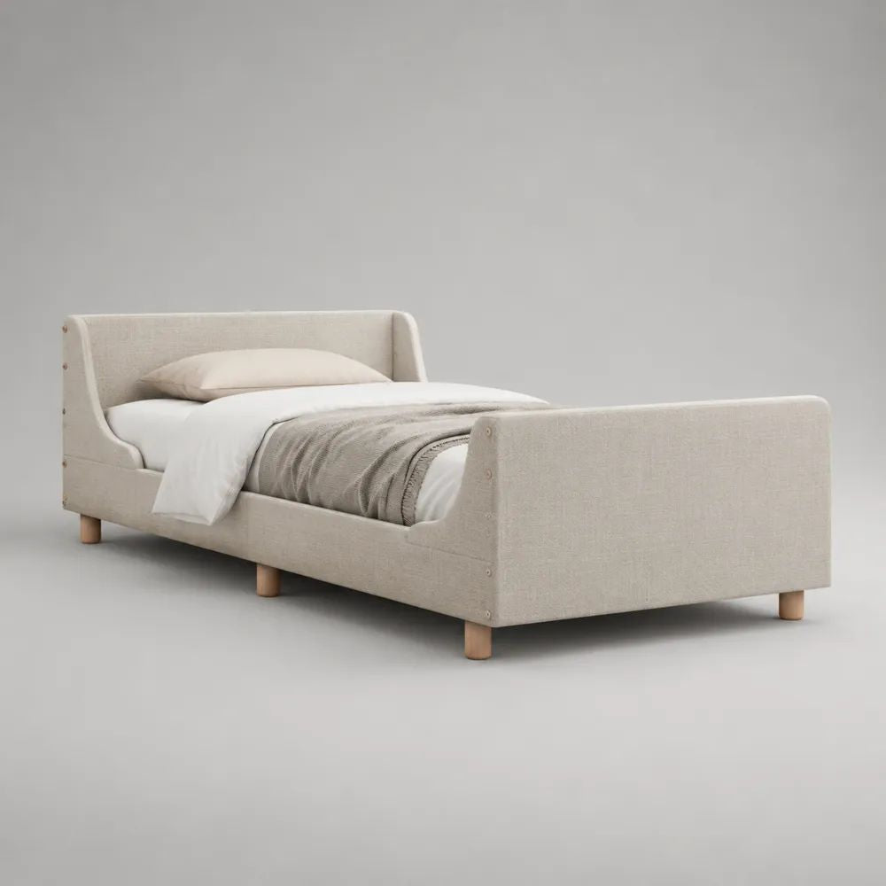 Letto singolo imbottito beige e naturale con testiera, pediera e rete a doghe, per materasso 90 × 200 cm, 215 × 105 × 95 cm
