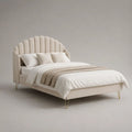 Letto matrimoniale imbottito 160 x 200 cm in velluto di poliestere crema con testiera a conchiglia e gambe in acciaio dorato