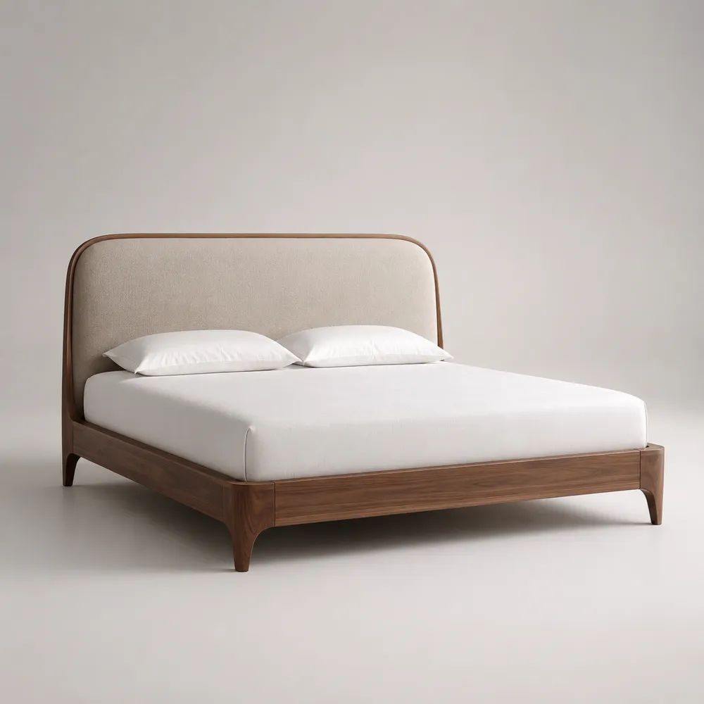 Letto matrimoniale 160 x 200 cm con rete, struttura in legno finitura noce e testiera imbottita beige