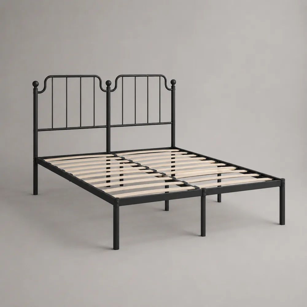 Letto matrimoniale rettangolare 160 x 200 cm in acciaio con testiera e doghe in compensato, nero e naturale