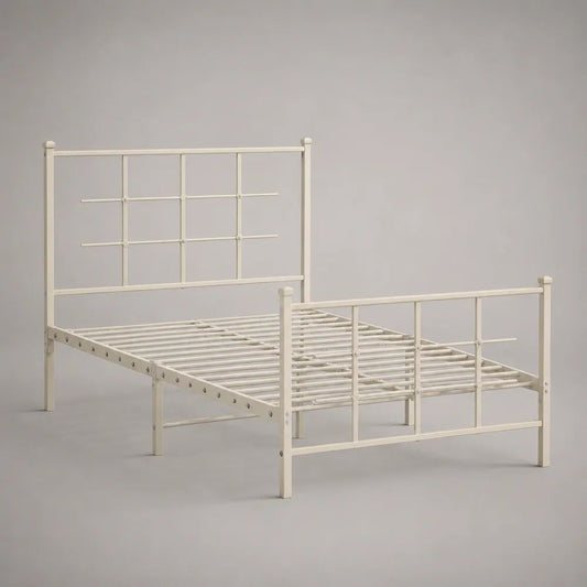 Letto una piazza e mezza in acciaio con rete integrata, bianco, 208 x 146 x 110 cm, per materasso 140 x 200 cm