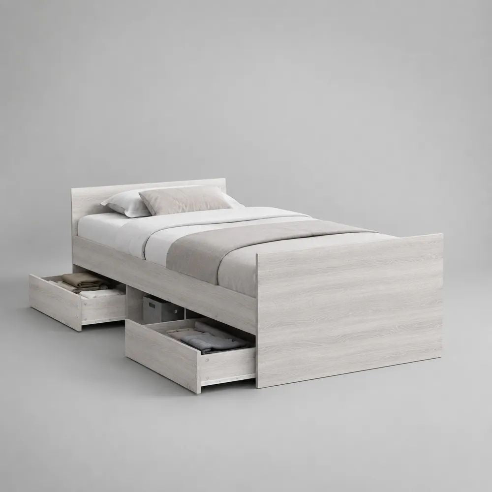 Letto singolo 90 x 200 cm con 2 cassetti, in legno effetto rovere bianco, 205 x 96 x 90 cm