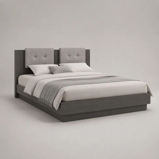 Letto matrimoniale 160 x 200 cm in legno con testiera imbottita in tessuto, grigio scuro e grigio chiaro, 170 x 210 x 120 cm