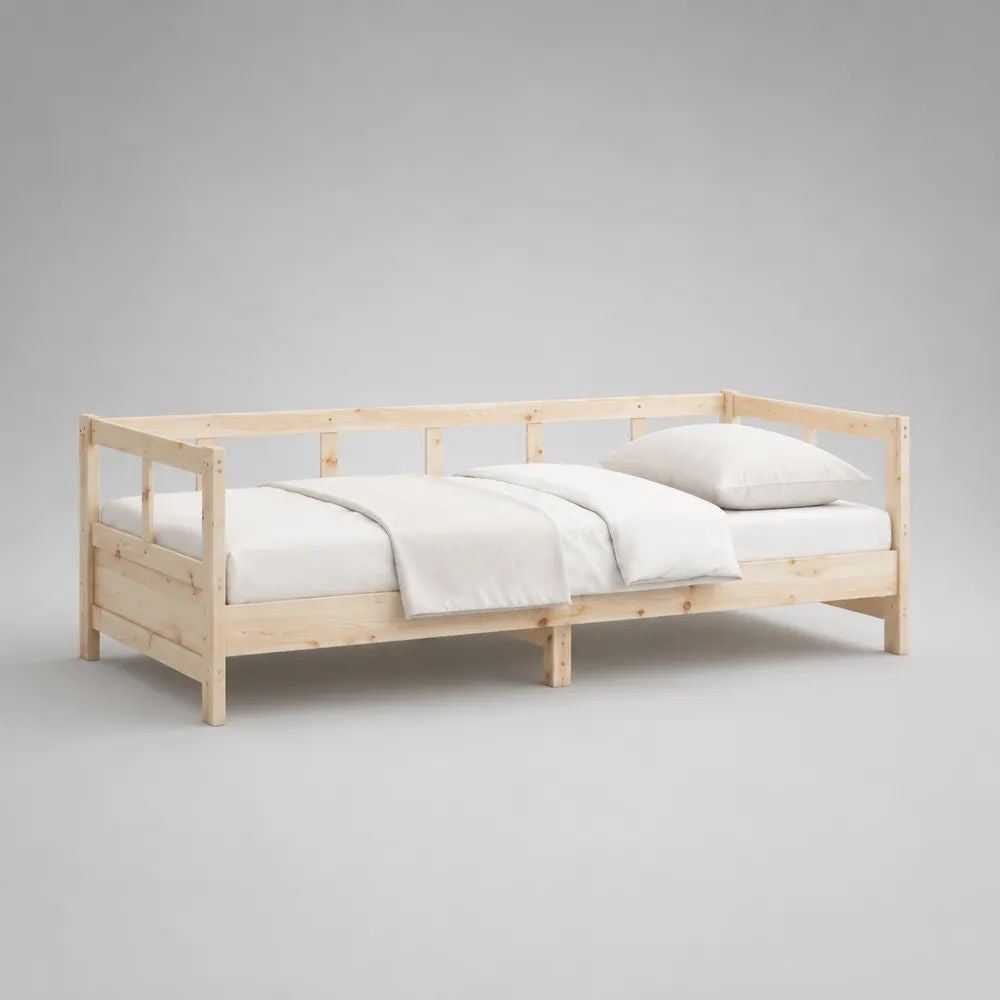 Letto singolo in legno naturale con sponde e rete a doghe, per materasso 90 × 200 cm, dimensioni 209 × 99 × 80 cm