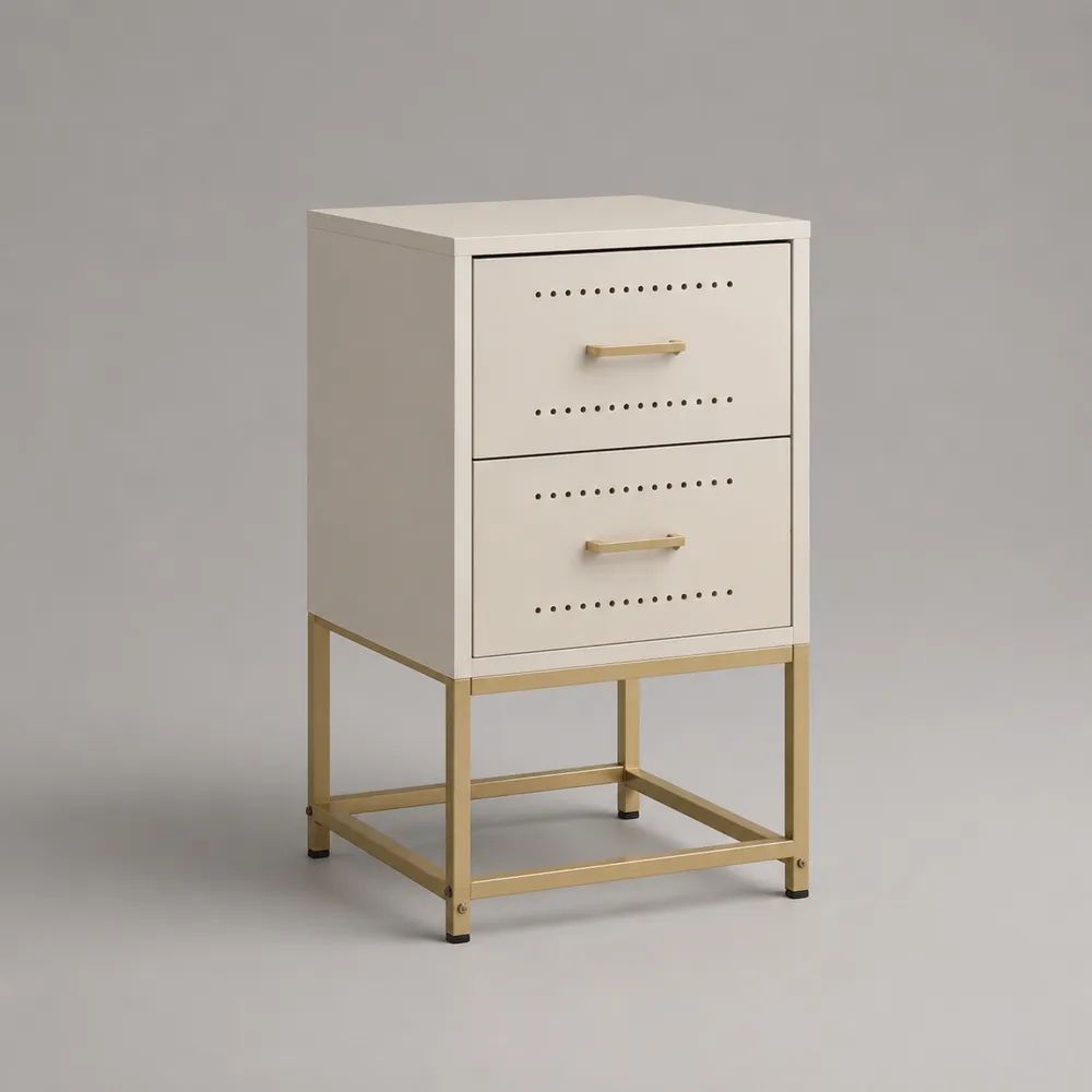 Comodino rettangolare in acciaio con 2 cassetti, avorio e dorato, 40 x 35 x 70 cm