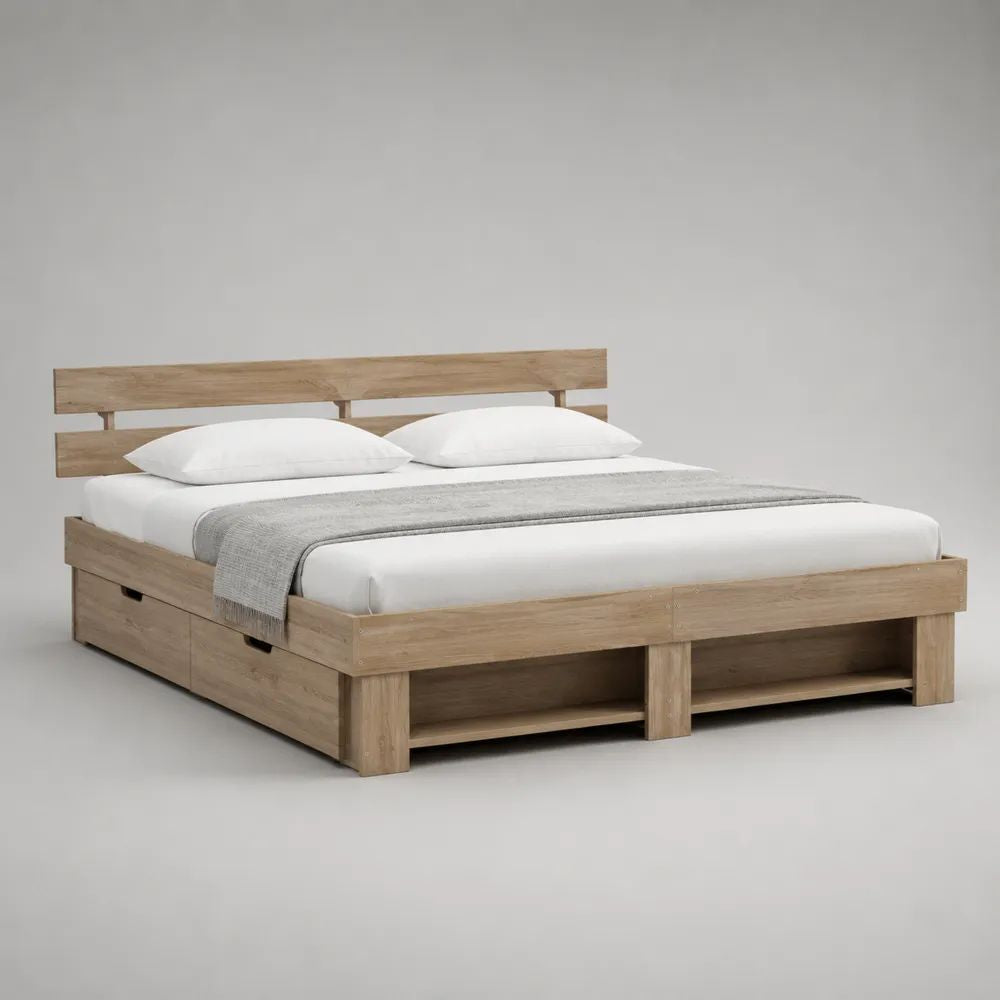 Letto matrimoniale contenitore 160 x 200 cm in legno rovere naturale con testiera, 2 cassetti e vano frontale, 170 x 220 x 100 cm