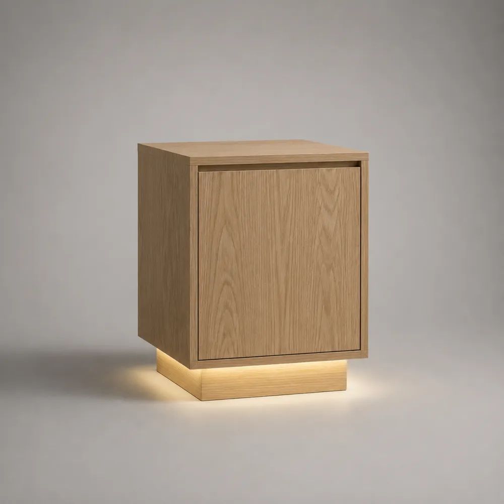 Comodino rettangolare in MDF impiallacciato rovere naturale con anta e luce LED, 45 x 40 x 60 cm