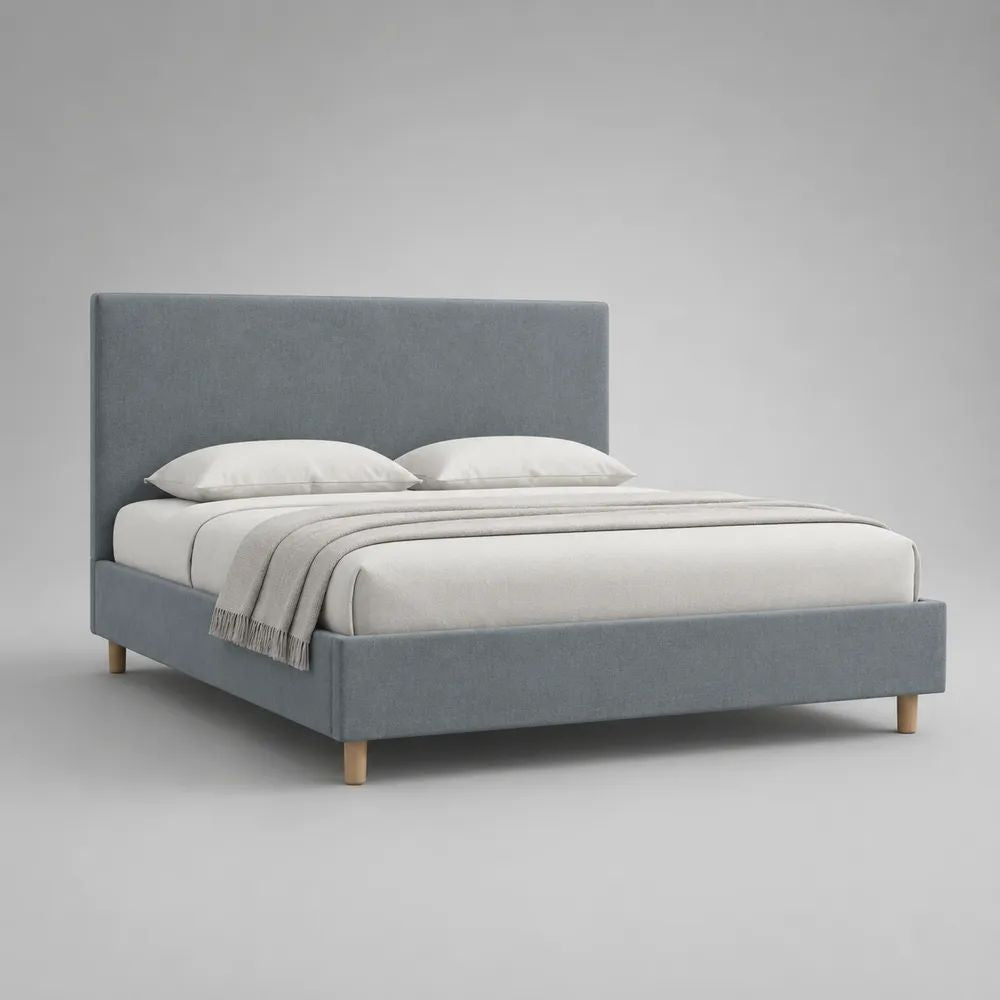 Letto matrimoniale imbottito grigio chiaro 160 × 200 cm con testiera in tessuto e piedini in legno
