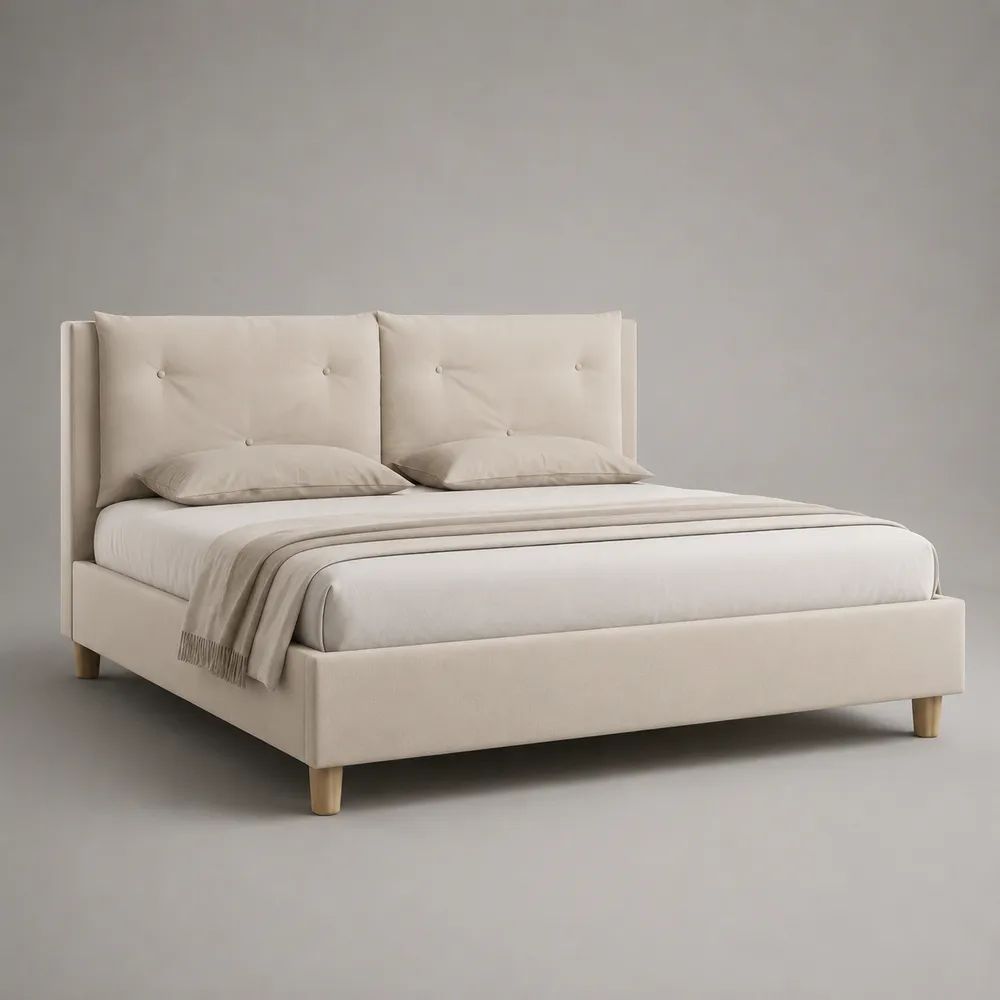 Letto matrimoniale imbottito beige in tessuto con rete a doghe, per materasso 160 x 200 cm, dimensioni 170 x 215 x 110 cm