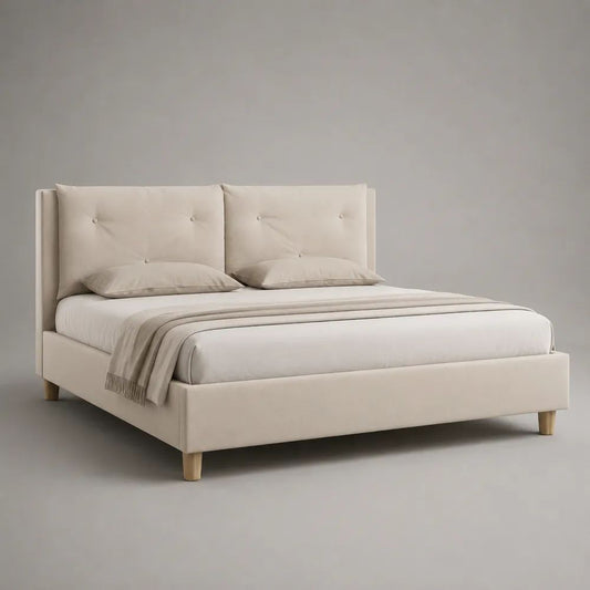 Letto matrimoniale imbottito beige in tessuto con rete a doghe, per materasso 160 x 200 cm, dimensioni 170 x 215 x 110 cm