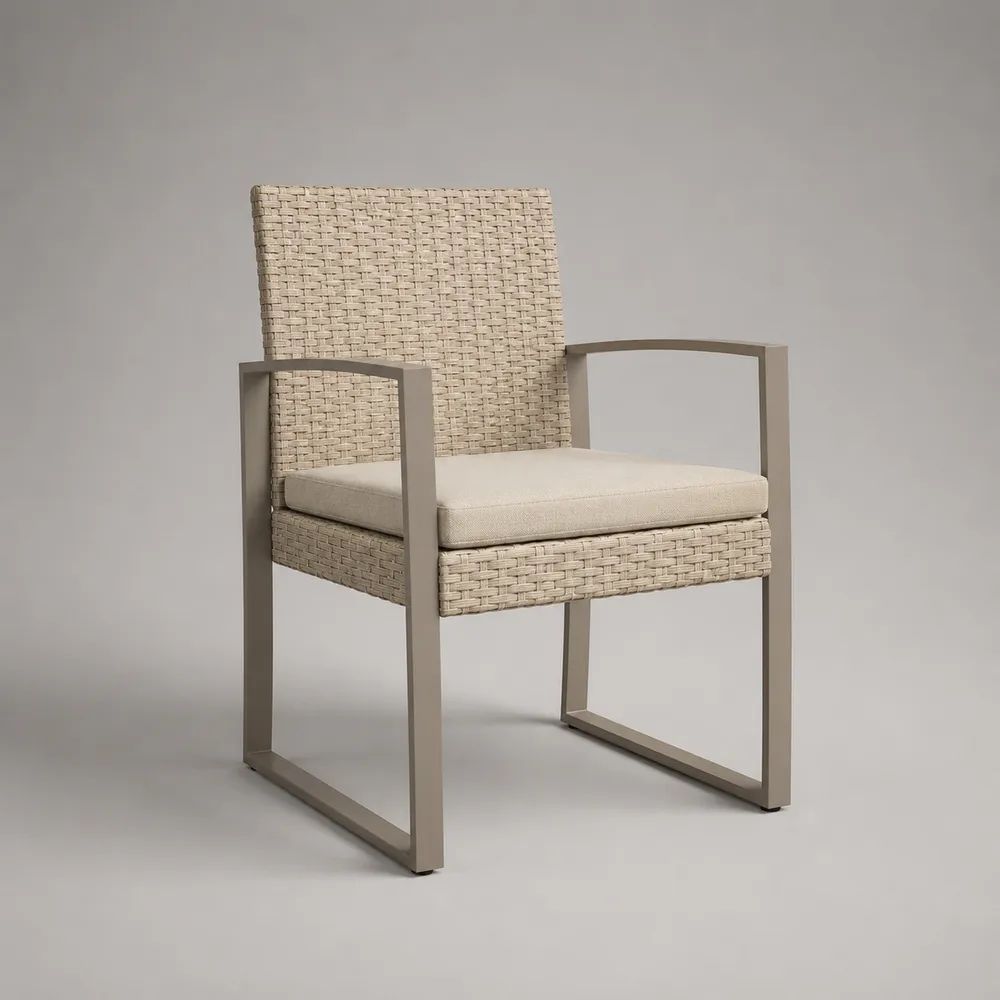 Sedia da esterno con braccioli in acciaio e polyrattan beige/tortora con cuscino, 60 x 61 x 90 cm