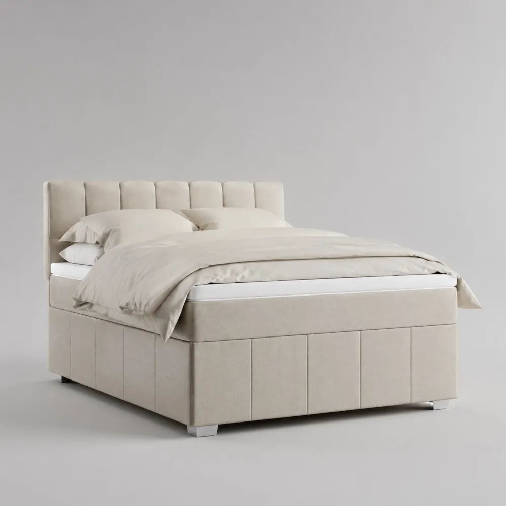 Letto matrimoniale imbottito 160 x 200 cm in poliestere beige con testiera a riquadri e rete a doghe, 170 x 215 x 115 cm