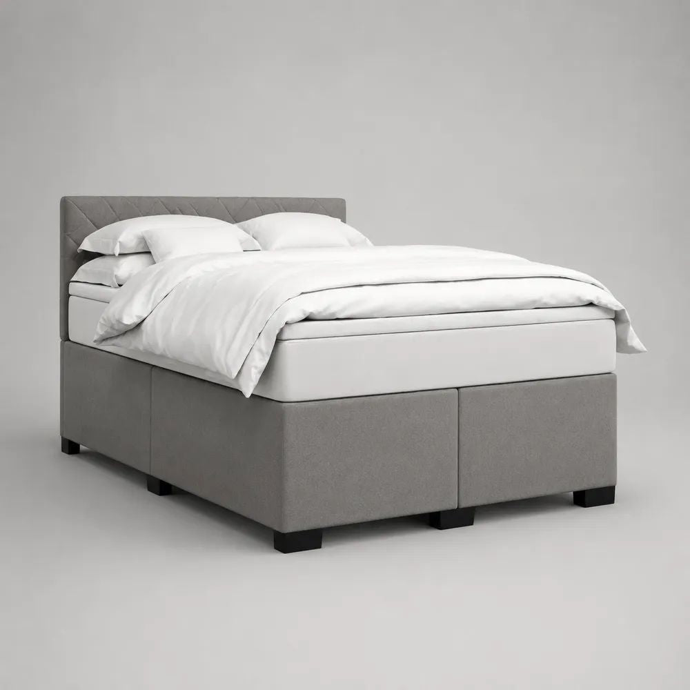 Letto matrimoniale continentale grigio 160 x 200 cm in tessuto con testiera, materasso e sovramaterasso
