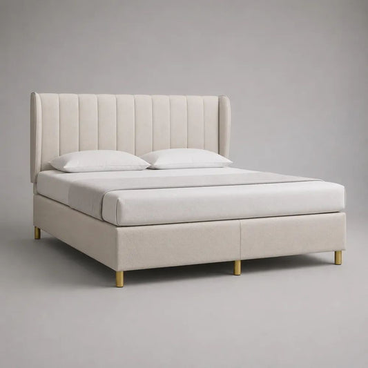 Letto matrimoniale imbottito 160 x 200 cm beige e oro con testiera a pannelli verticali