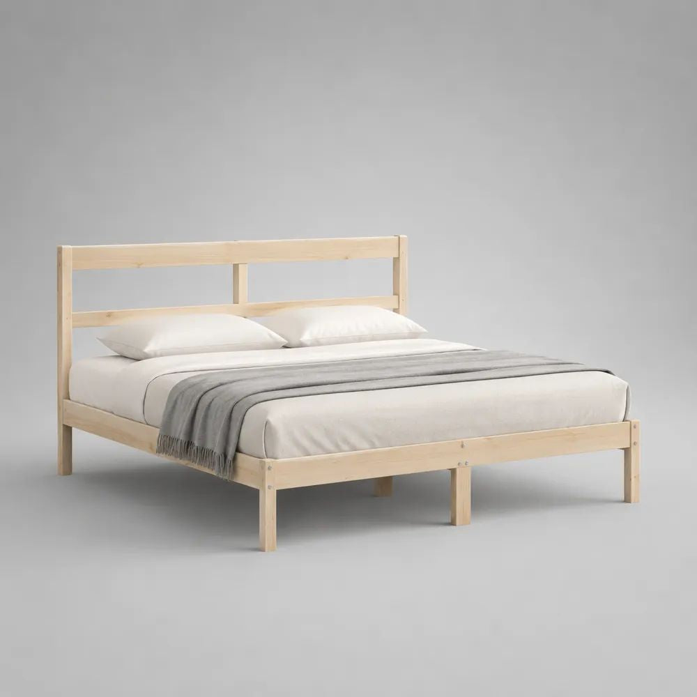 Letto matrimoniale in legno massello naturale 160 x 200 cm con testiera e rete a doghe