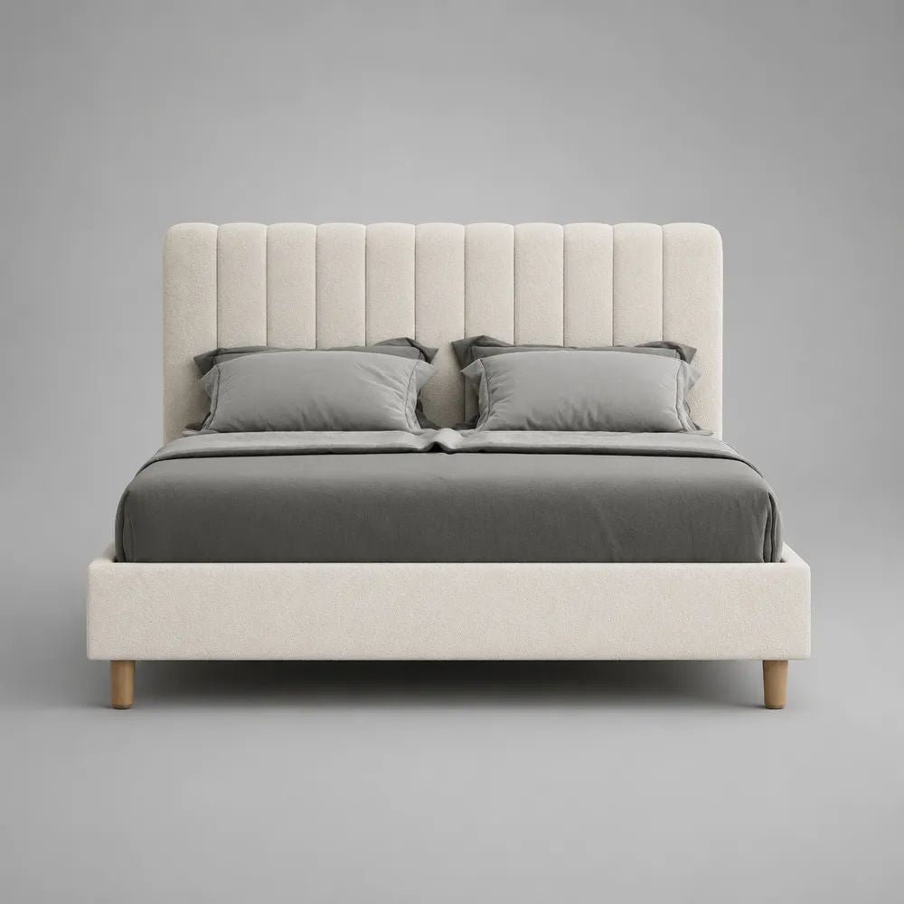 Letto matrimoniale imbottito 160 x 200 cm in tessuto bouclé bianco crema con testiera a pannelli e piedini color legno naturale