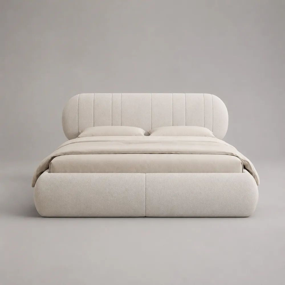 Letto matrimoniale imbottito avorio con testiera scanalata, rete 160 x 200 cm, dimensioni 193 x 225 x 105 cm