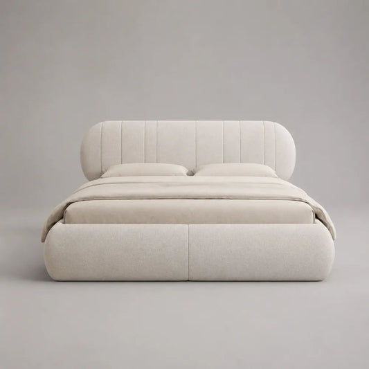 Letto matrimoniale imbottito avorio con testiera scanalata, rete 160 x 200 cm, dimensioni 193 x 225 x 105 cm