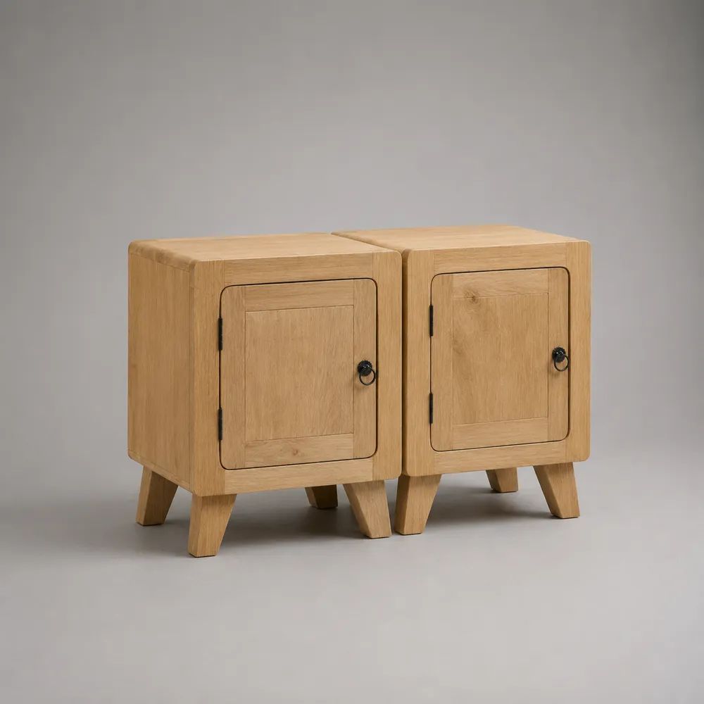 Set di 2 comodini in legno con anta, rovere naturale e nero, 40 x 35 x 55 cm