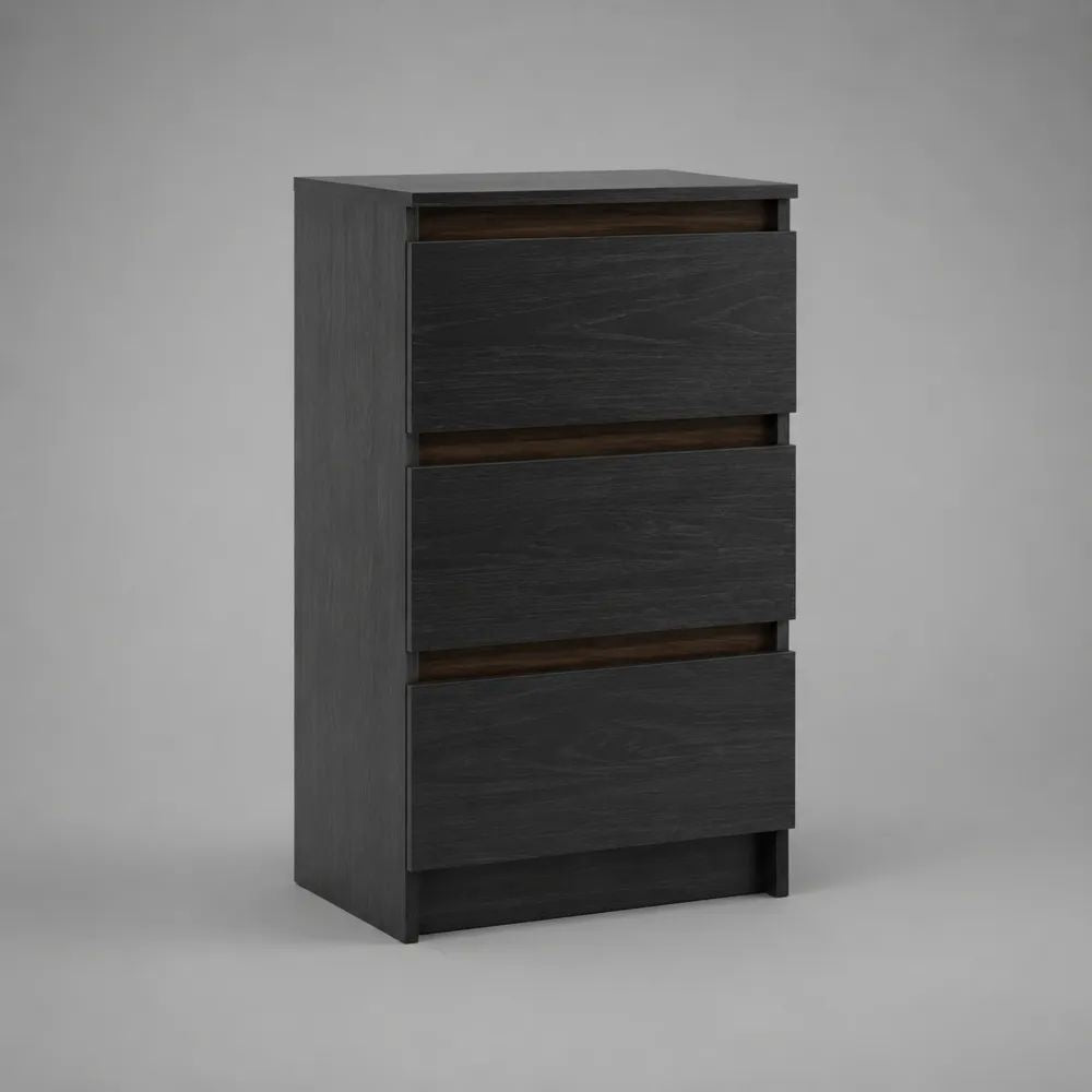 Comodino alto rettangolare nero in legno con 3 cassetti, 40 × 35 × 65 cm