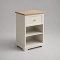 Comodino rettangolare in MDF e legno con cassetto e 2 vani, bianco e naturale, 45 × 35 × 65 cm