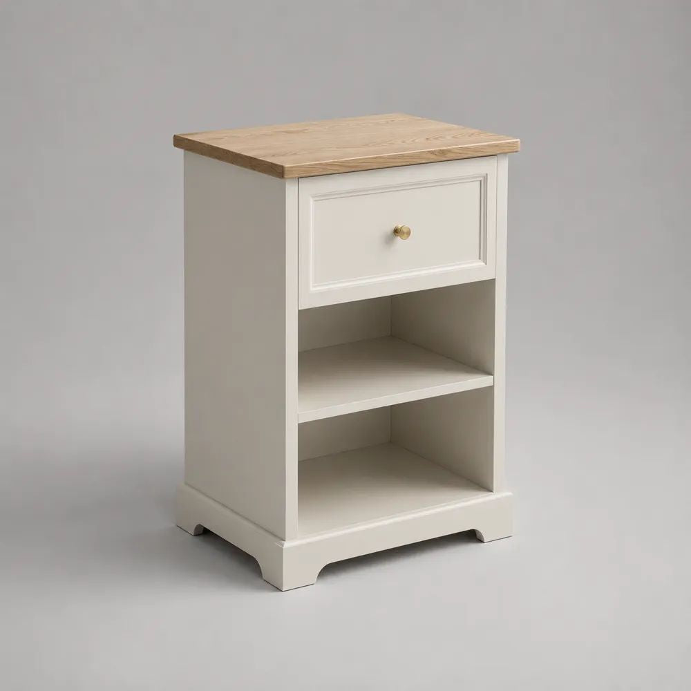 Comodino rettangolare in MDF e legno con cassetto e 2 vani, bianco e naturale, 45 × 35 × 65 cm