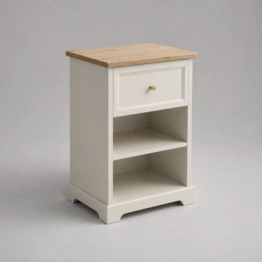 Comodino rettangolare in MDF e legno con cassetto e 2 vani, bianco e naturale, 45 × 35 × 65 cm