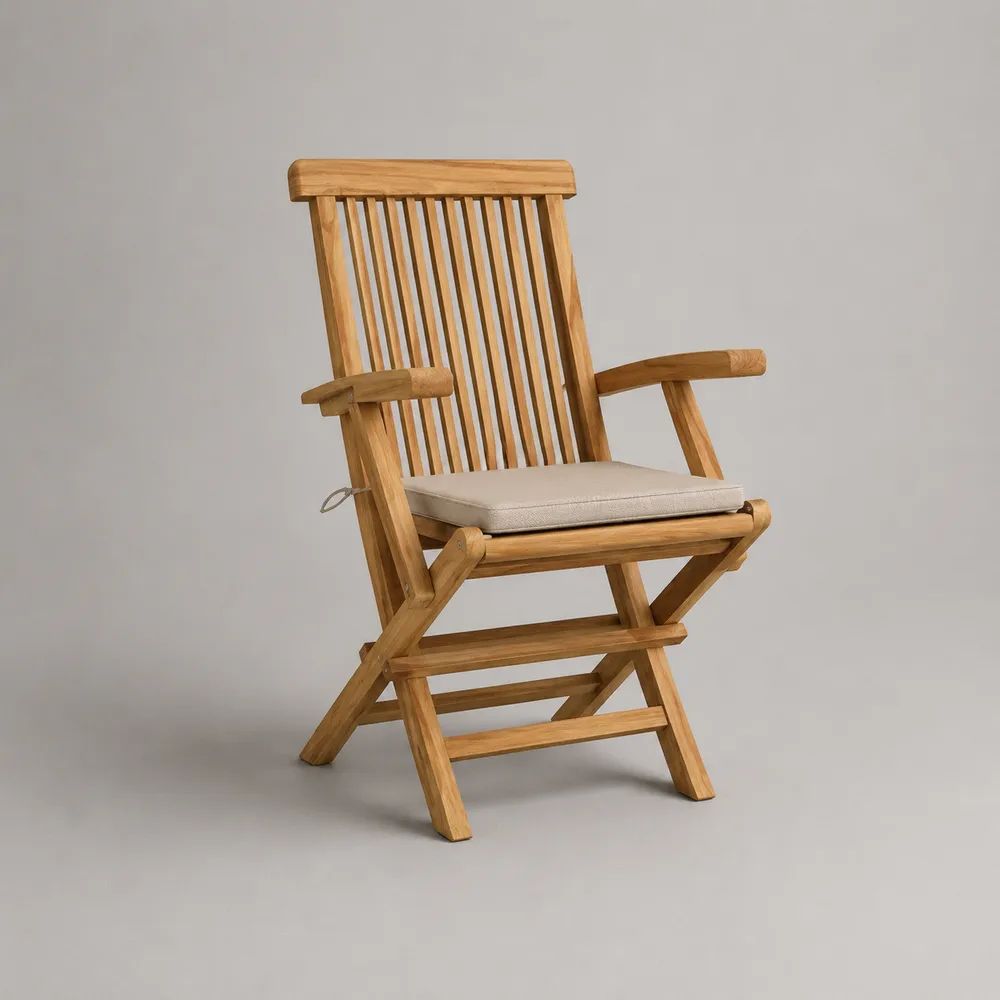 Sedia da giardino pieghevole con braccioli in legno massello di teak e cuscino beige, 58 × 68 × 110 cm, marrone naturale