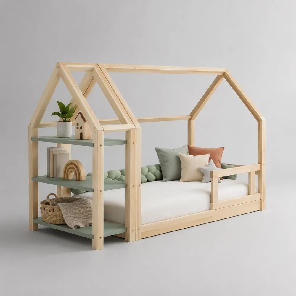 Letto a casetta per bambini 90 x 200 cm in pino massello naturale con libreria verde salvia e sponde anticaduta, 240 x 98 x 180 cm