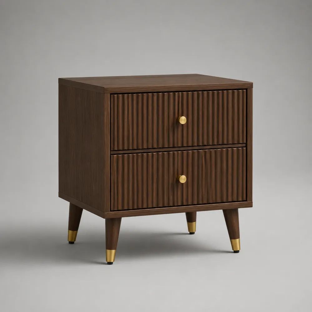 Comodino rettangolare in MDF impiallacciato noce con 2 cassetti scanalati, marrone noce e oro, 50 × 40 × 60 cm